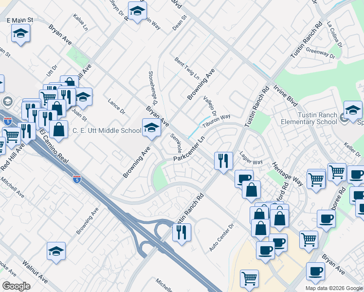 map of restaurants, bars, coffee shops, grocery stores, and more near 2061 Seminole in Tustin