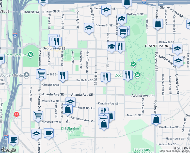 map of restaurants, bars, coffee shops, grocery stores, and more near 297 Augusta Avenue Southeast in Atlanta