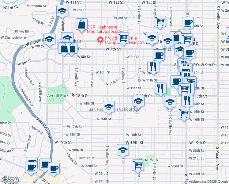 map of restaurants, bars, coffee shops, grocery stores, and more near 1150 West 13th Street in Los Angeles