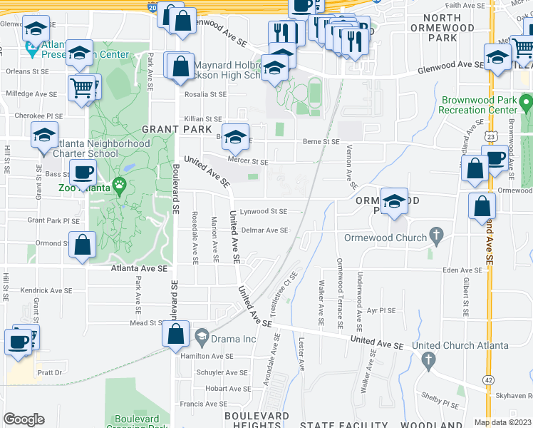map of restaurants, bars, coffee shops, grocery stores, and more near E Confederate Ave in Atlanta