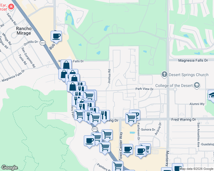 map of restaurants, bars, coffee shops, grocery stores, and more near 43421 Joshua Road in Rancho Mirage