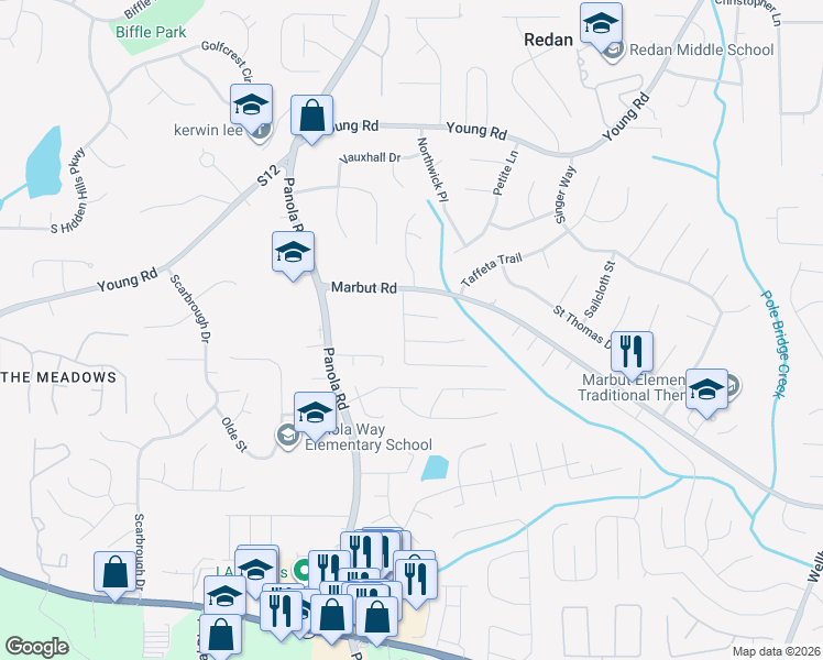 map of restaurants, bars, coffee shops, grocery stores, and more near 1927 Marbut Forest Drive in Lithonia