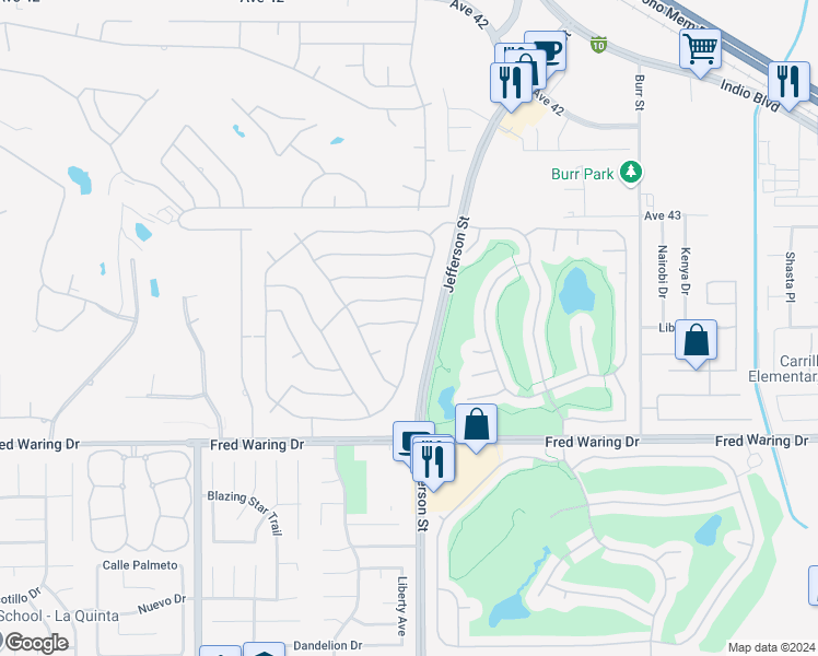 map of restaurants, bars, coffee shops, grocery stores, and more near 79923 Amora Drive in La Quinta