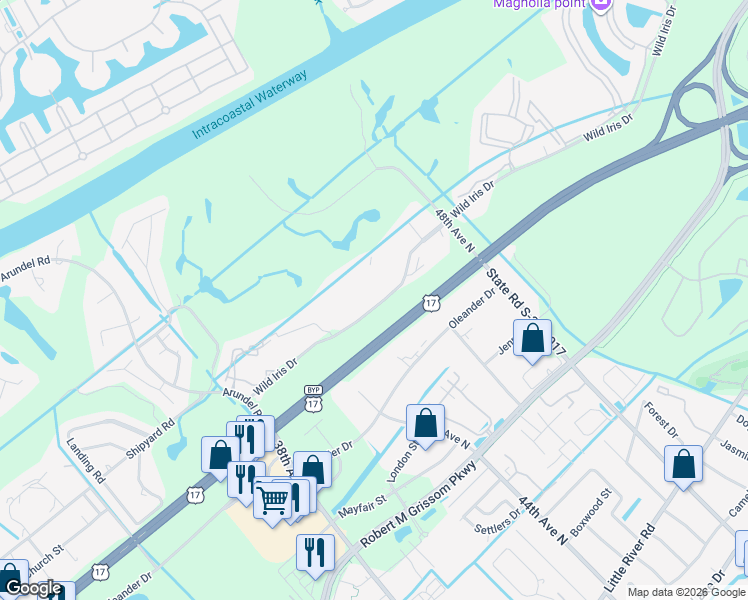 map of restaurants, bars, coffee shops, grocery stores, and more near 4725 Wild Iris Drive in Myrtle Beach