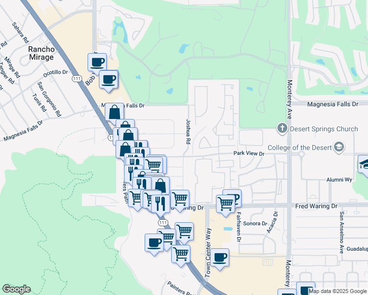 map of restaurants, bars, coffee shops, grocery stores, and more near 43297 Joshua Road in Rancho Mirage