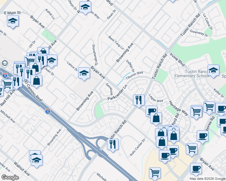 map of restaurants, bars, coffee shops, grocery stores, and more near 2131 Seminole in Tustin