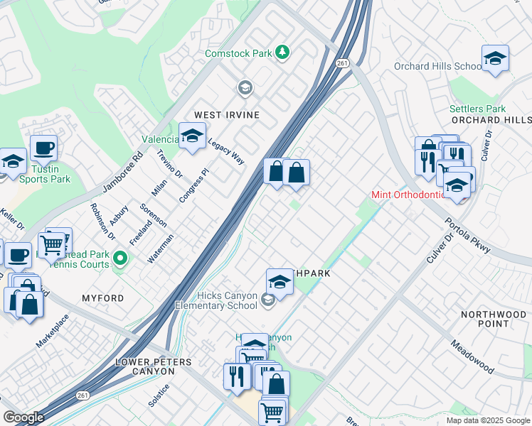 map of restaurants, bars, coffee shops, grocery stores, and more near 17 Roseville in Irvine