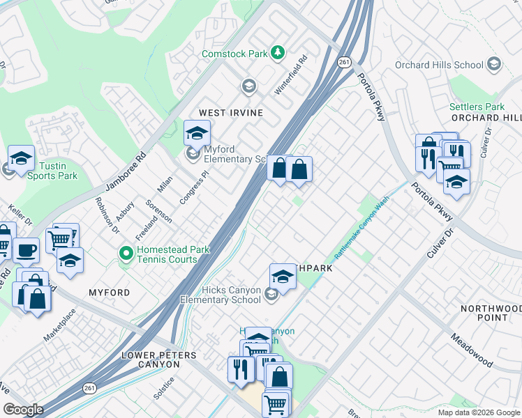 map of restaurants, bars, coffee shops, grocery stores, and more near 26 Crescent-City in Irvine