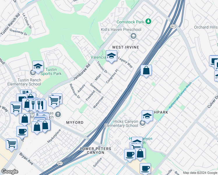 map of restaurants, bars, coffee shops, grocery stores, and more near 40 Parma in Irvine