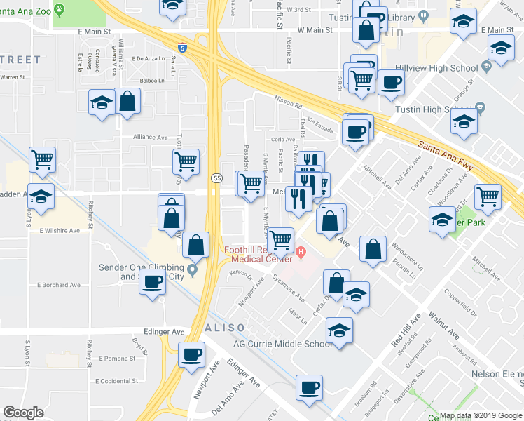 map of restaurants, bars, coffee shops, grocery stores, and more near 15801 South Myrtle Avenue in Tustin