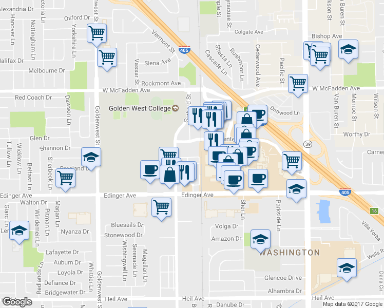 map of restaurants, bars, coffee shops, grocery stores, and more near 7400 Center Avenue in Huntington Beach