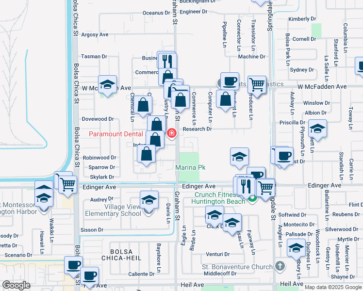 map of restaurants, bars, coffee shops, grocery stores, and more near 5542 Research Drive in Huntington Beach