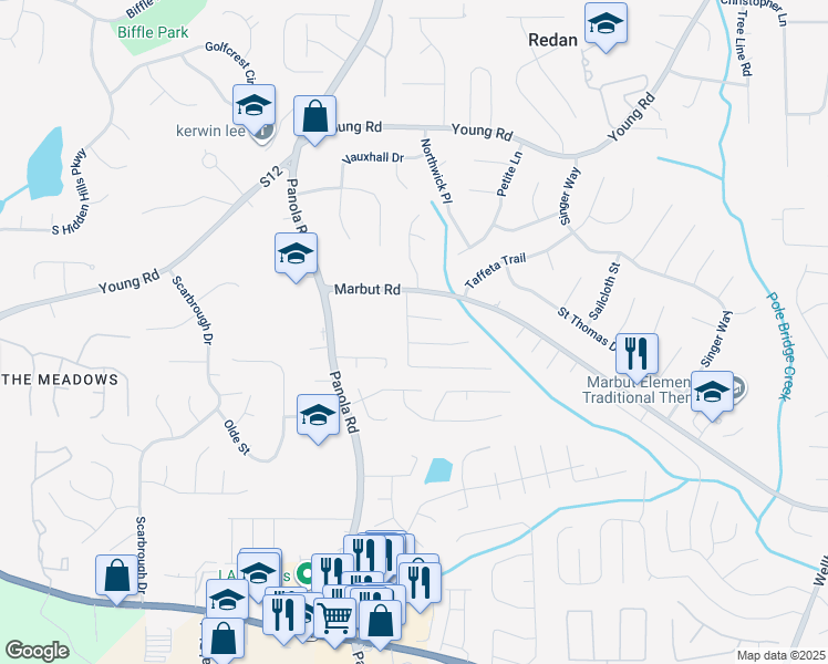 map of restaurants, bars, coffee shops, grocery stores, and more near 1927 Marbut Forest Drive in Lithonia