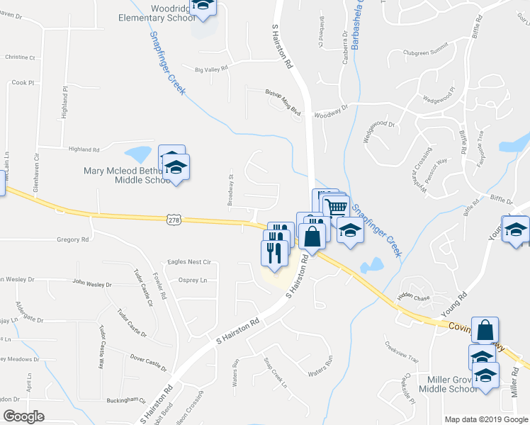 map of restaurants, bars, coffee shops, grocery stores, and more near 2088 Manhattan Parkway in Decatur
