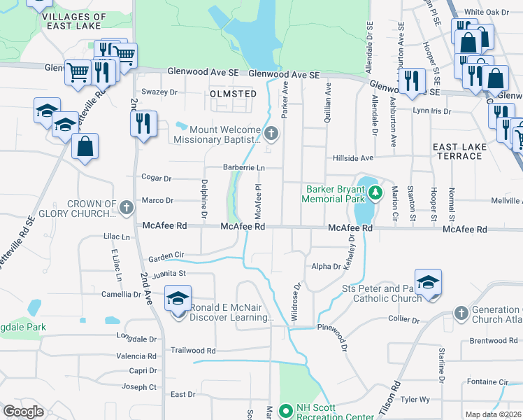 map of restaurants, bars, coffee shops, grocery stores, and more near 1974 McAfee Place in Decatur