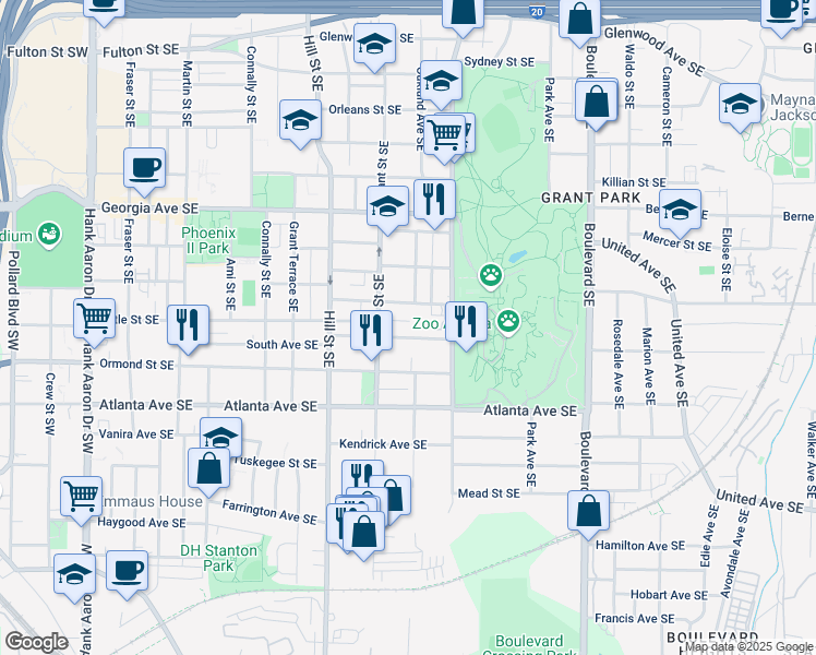 map of restaurants, bars, coffee shops, grocery stores, and more near 378 Grant Park Place Southeast in Atlanta
