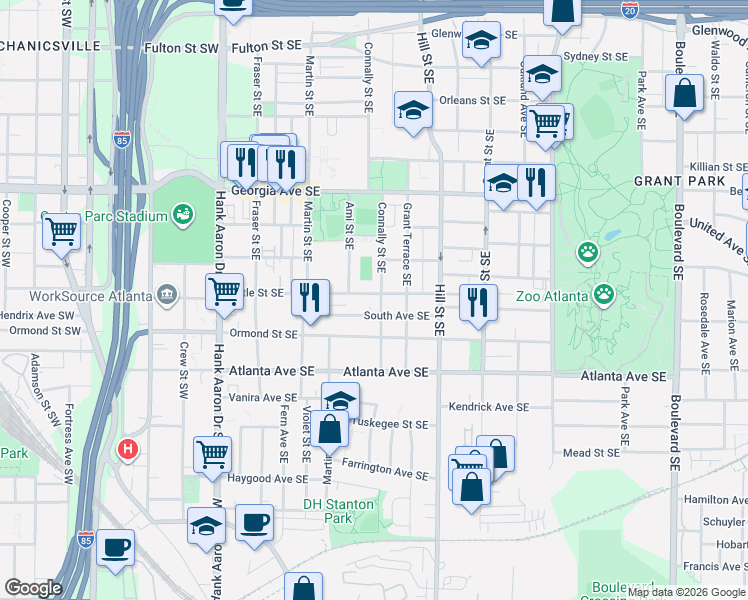 map of restaurants, bars, coffee shops, grocery stores, and more near 776 Connally Street Southeast in Atlanta