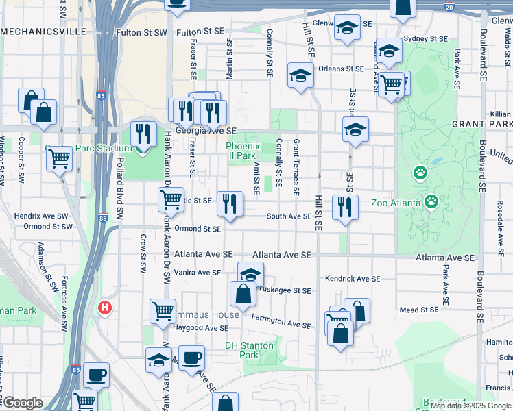 map of restaurants, bars, coffee shops, grocery stores, and more near 160 Little Street Southeast in Atlanta