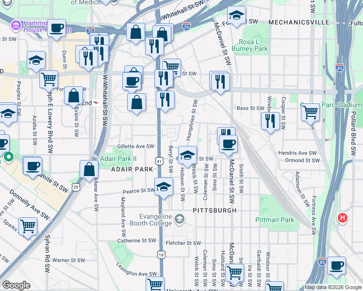 map of restaurants, bars, coffee shops, grocery stores, and more near 553 Middle Street Southwest in Atlanta