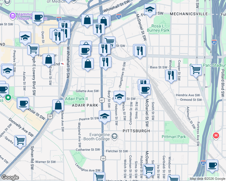 map of restaurants, bars, coffee shops, grocery stores, and more near 790 Bender Street Southwest in Atlanta