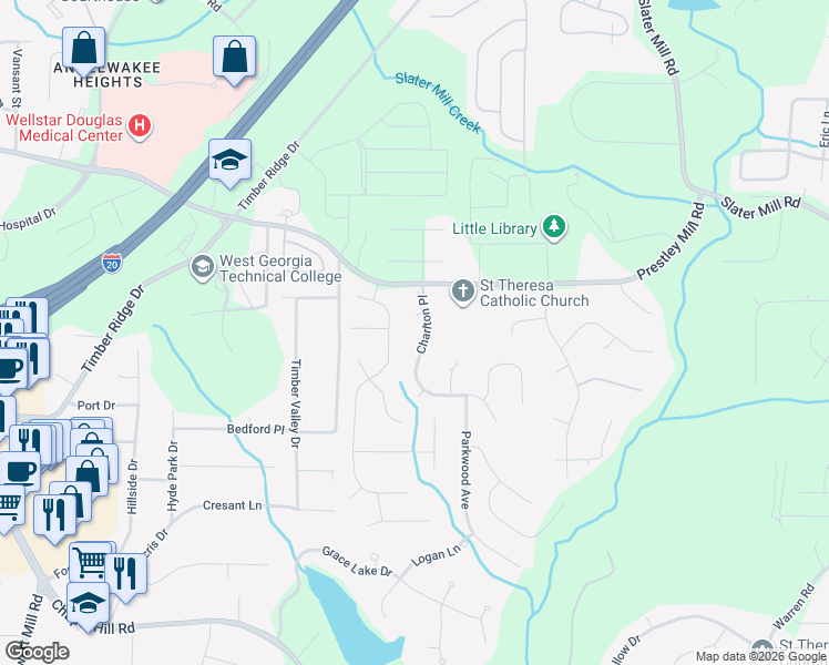 map of restaurants, bars, coffee shops, grocery stores, and more near 9155 Charlton Place in Douglasville