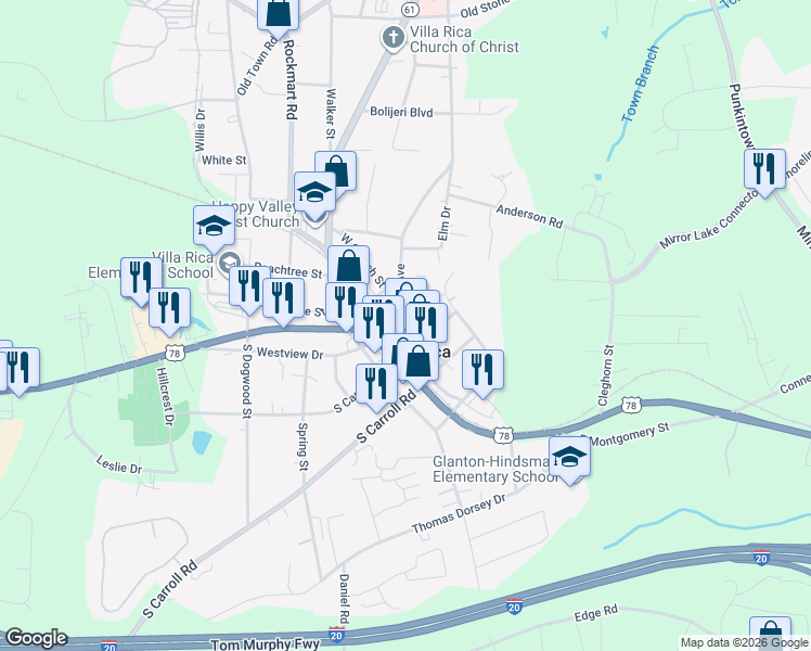 map of restaurants, bars, coffee shops, grocery stores, and more near 309 West Church Street in Villa Rica