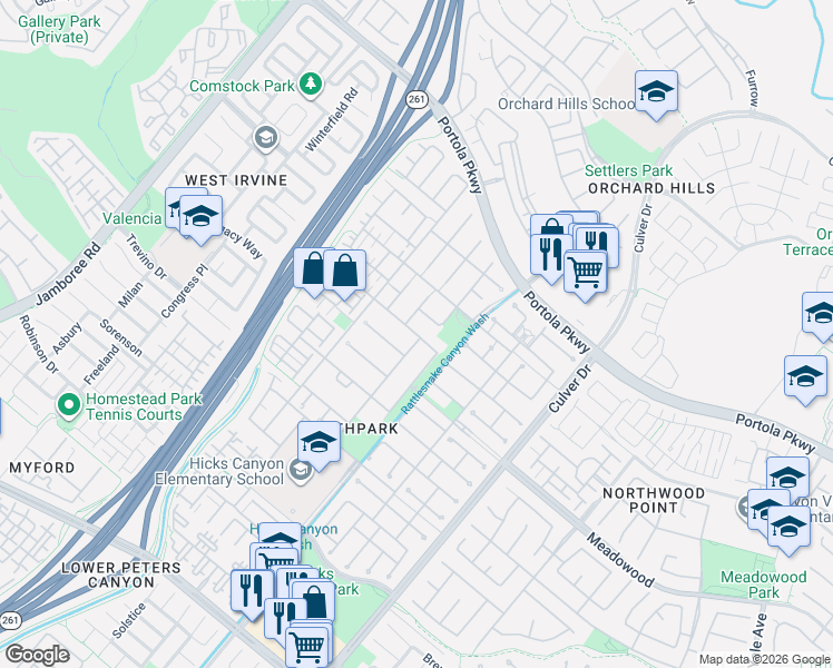 map of restaurants, bars, coffee shops, grocery stores, and more near 0 Modesto in Irvine