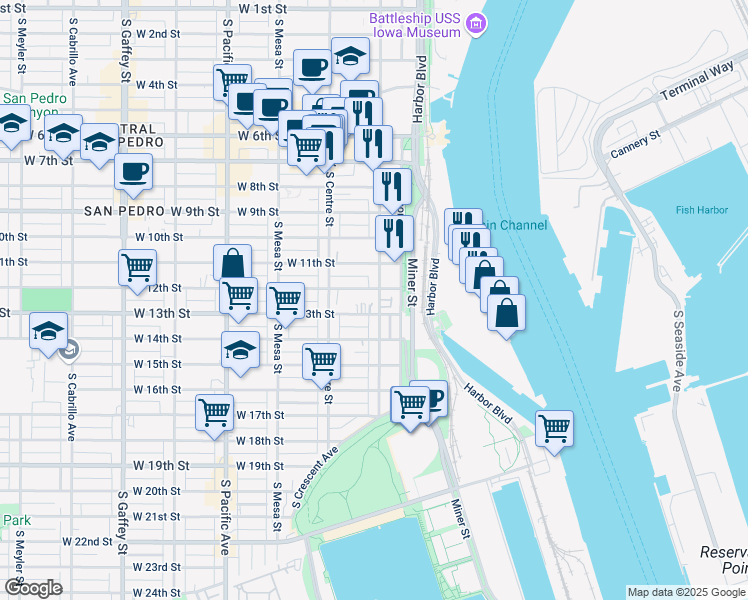 map of restaurants, bars, coffee shops, grocery stores, and more near 1219 South Palos Verdes Street in San Pedro
