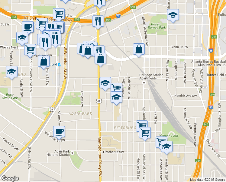 map of restaurants, bars, coffee shops, grocery stores, and more near 553 Middle Street Southwest in Atlanta