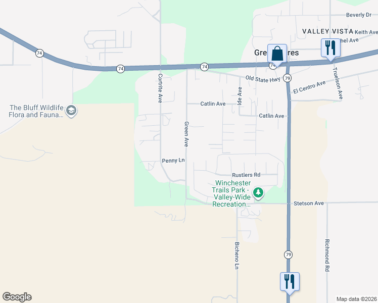 map of restaurants, bars, coffee shops, grocery stores, and more near 26740 Green Avenue in Hemet