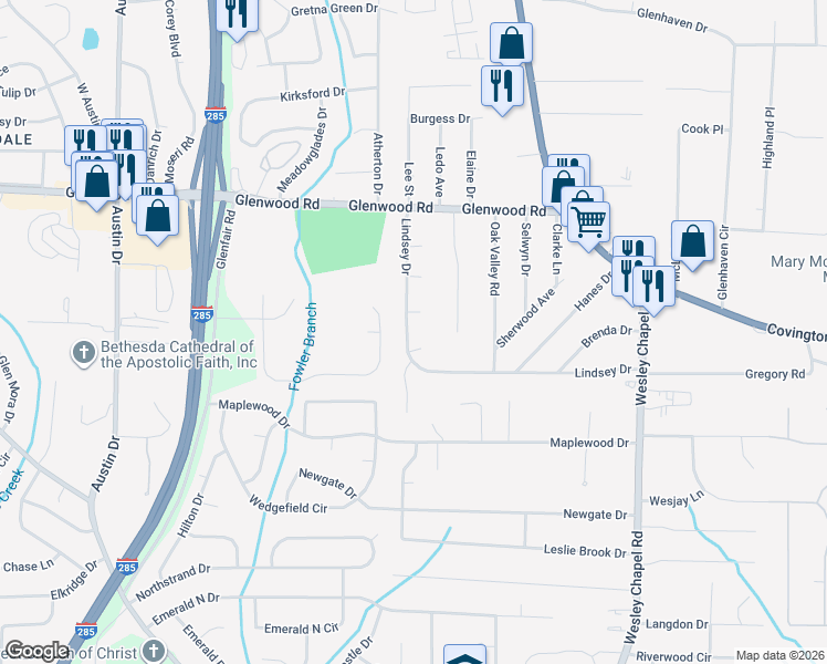 map of restaurants, bars, coffee shops, grocery stores, and more near 4027 Lindsey Drive in Decatur