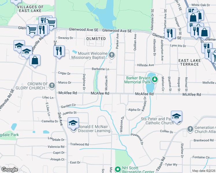 map of restaurants, bars, coffee shops, grocery stores, and more near 1974 McAfee Place in Decatur