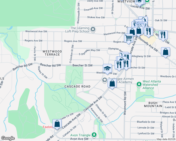 map of restaurants, bars, coffee shops, grocery stores, and more near 1714 Beecher Street Southwest in Atlanta