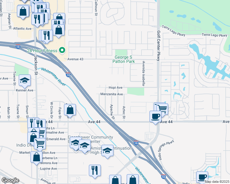 map of restaurants, bars, coffee shops, grocery stores, and more near 83632 Manzanita Avenue in Indio