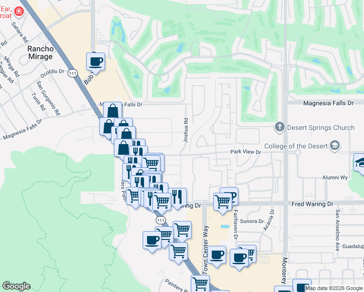 map of restaurants, bars, coffee shops, grocery stores, and more near 43297 Joshua Road in Rancho Mirage