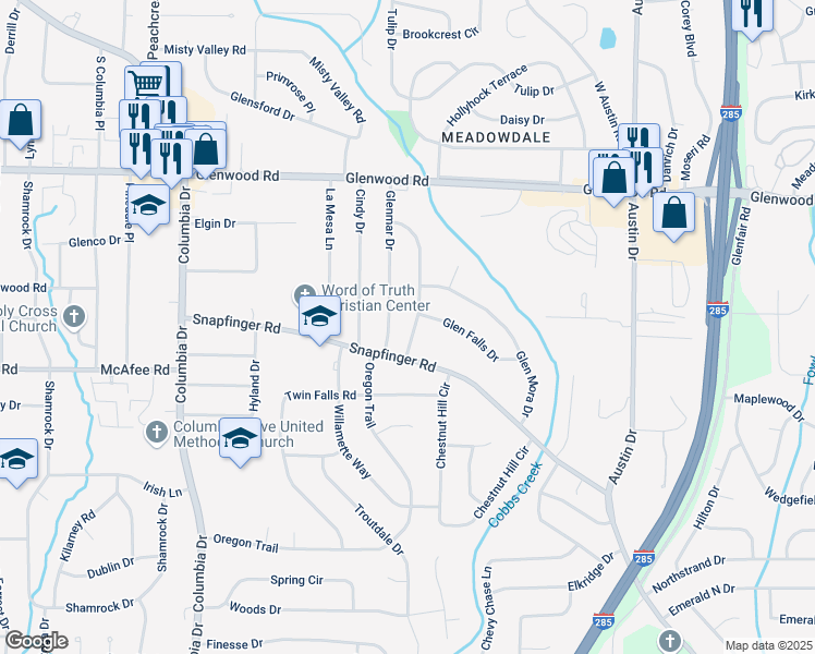 map of restaurants, bars, coffee shops, grocery stores, and more near 1967 Glen Echo Drive in Decatur