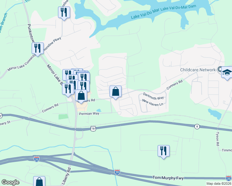 map of restaurants, bars, coffee shops, grocery stores, and more near 2761 Nautical Way in Villa Rica