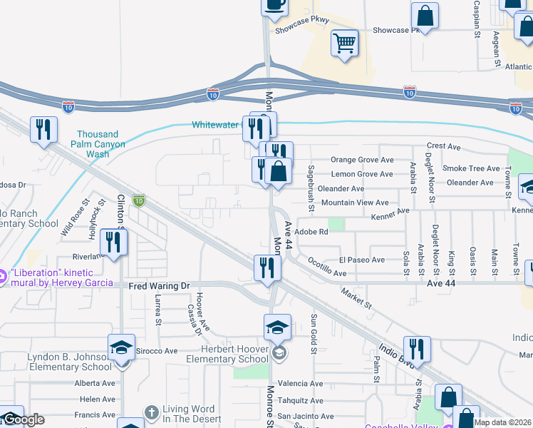 map of restaurants, bars, coffee shops, grocery stores, and more near in Indio