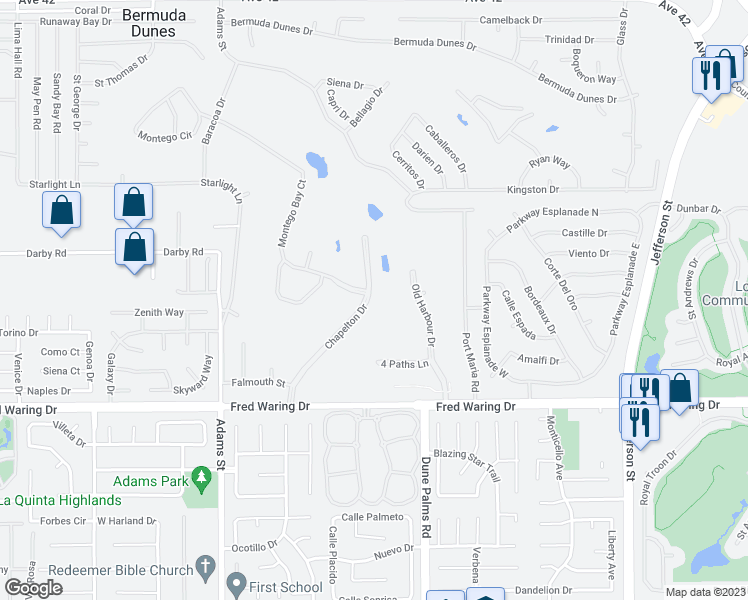 map of restaurants, bars, coffee shops, grocery stores, and more near 43500 Chapelton Drive in Indio