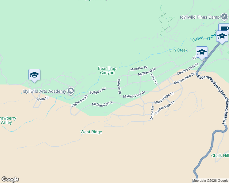 map of restaurants, bars, coffee shops, grocery stores, and more near 53091 Tollgate Road in Idyllwild-Pine Cove