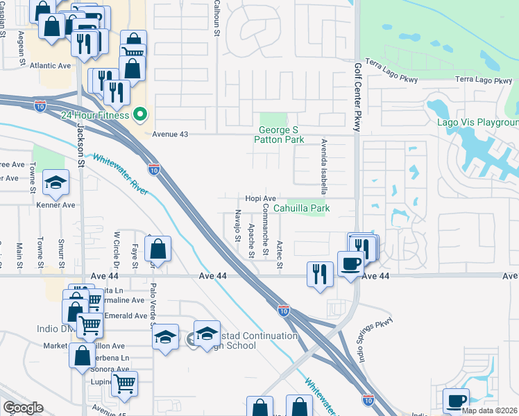 map of restaurants, bars, coffee shops, grocery stores, and more near 43395 Commanche Street in Indio