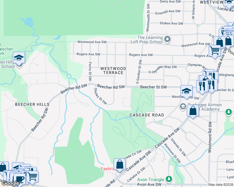 map of restaurants, bars, coffee shops, grocery stores, and more near 1900 Beecher Road Southwest in Atlanta