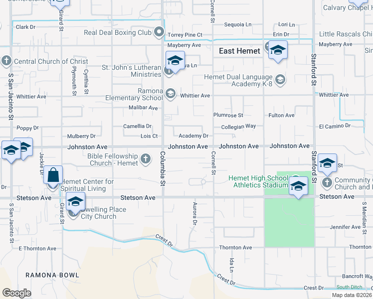 map of restaurants, bars, coffee shops, grocery stores, and more near 41121 Johnston Avenue in Hemet