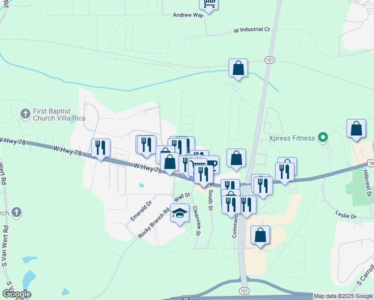 map of restaurants, bars, coffee shops, grocery stores, and more near 105 Feeney Lane in Villa Rica