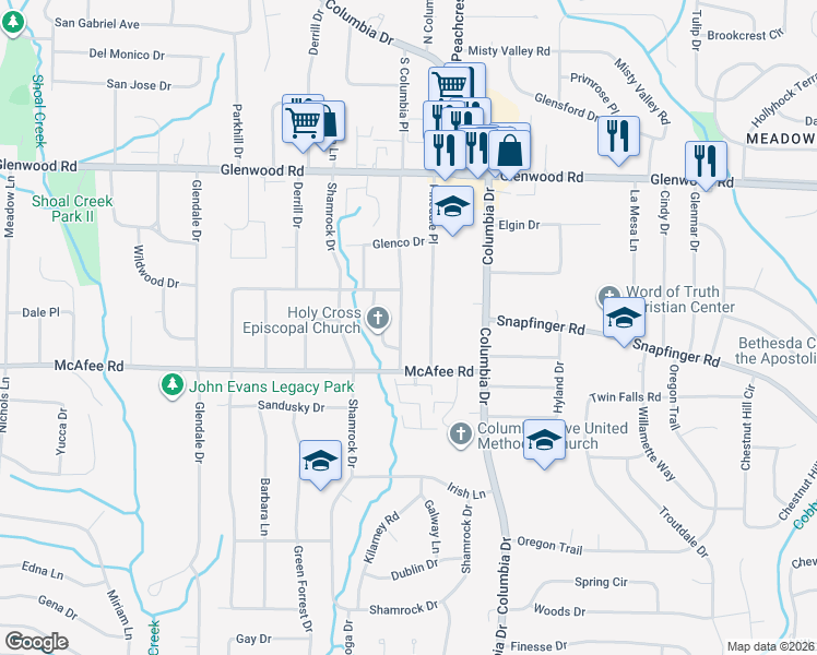 map of restaurants, bars, coffee shops, grocery stores, and more near 1966 South Columbia Place in Decatur