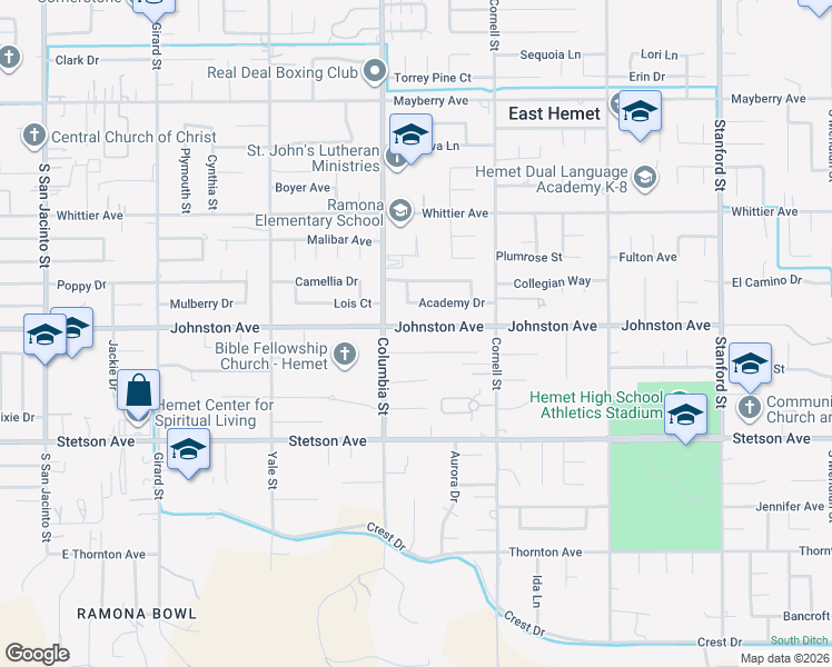 map of restaurants, bars, coffee shops, grocery stores, and more near 41069 Johnston Avenue in Hemet
