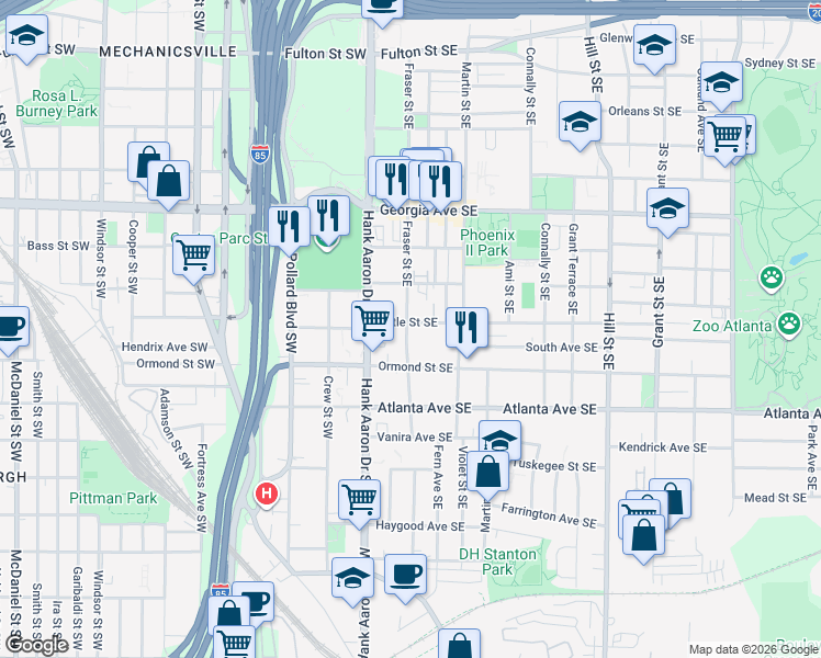 map of restaurants, bars, coffee shops, grocery stores, and more near 767 Reed Street Southeast in Atlanta