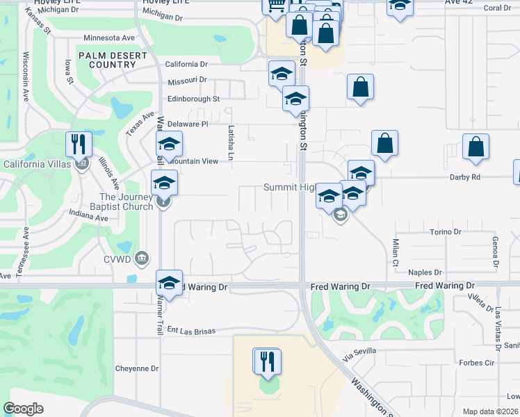 map of restaurants, bars, coffee shops, grocery stores, and more near 58 Payson Cir in Palm Desert
