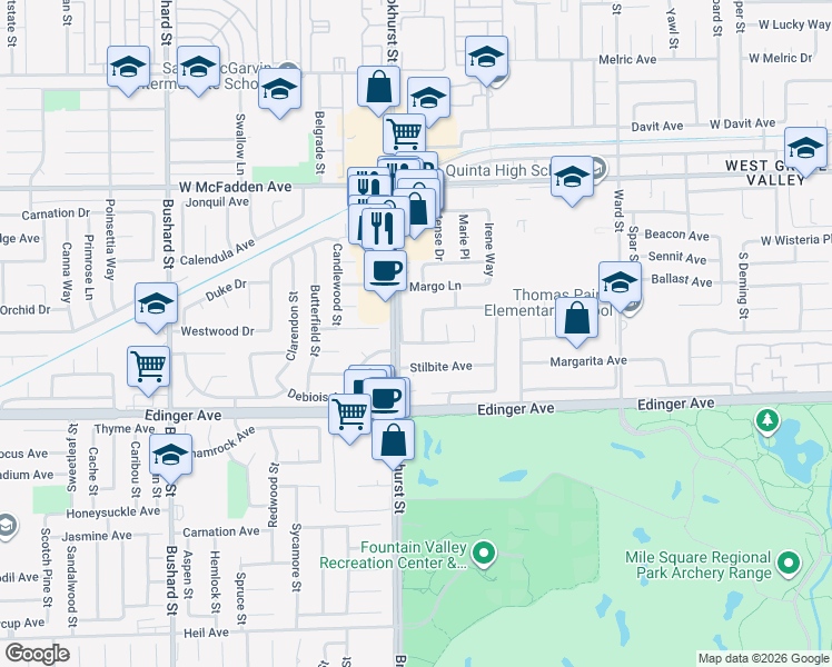map of restaurants, bars, coffee shops, grocery stores, and more near 15781 Exeter Street in Westminster