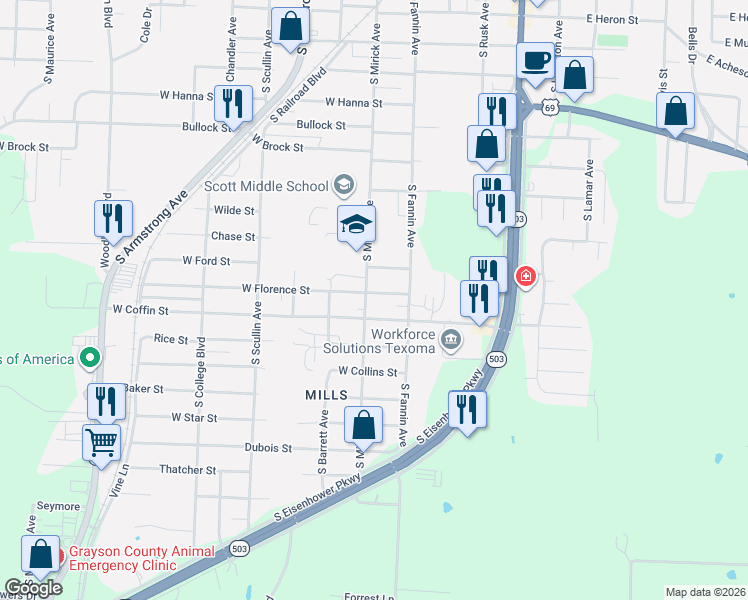 map of restaurants, bars, coffee shops, grocery stores, and more near 613 West Florence Street in Denison